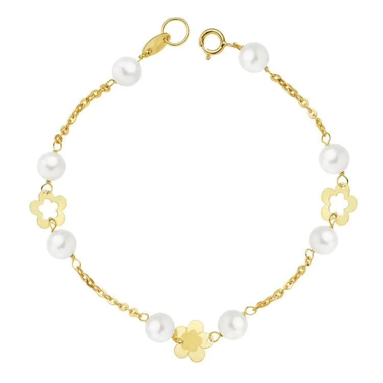 [16464] Pulsera Flores y Perlas Oro 18K