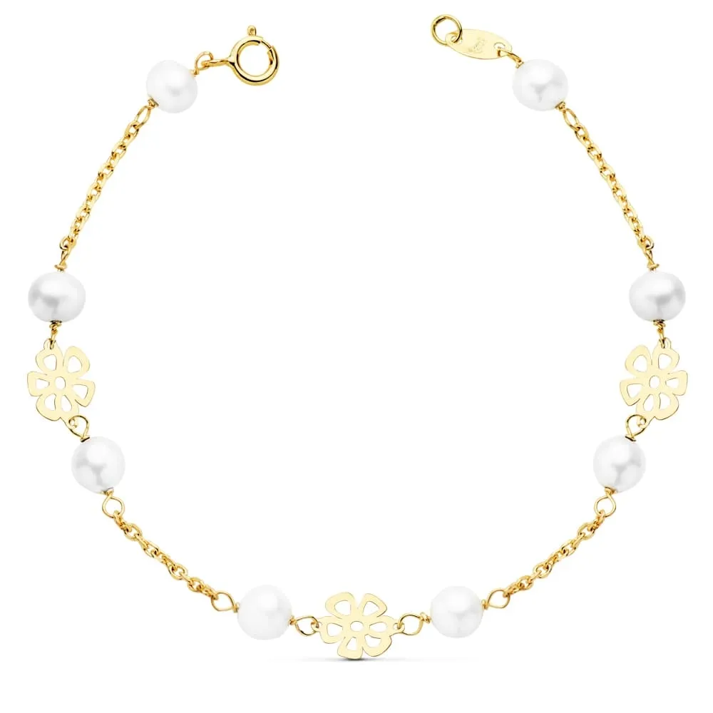 [16914] Pulsera Perlas y Flores Oro 18K