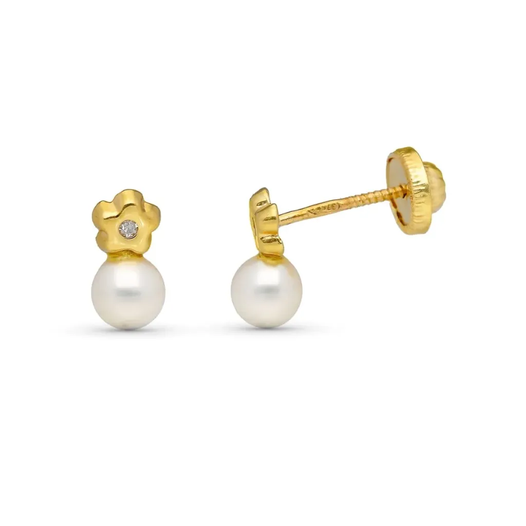 [9kp21080-oa] Pendientes Oro 9K Flor Diamante y Perla