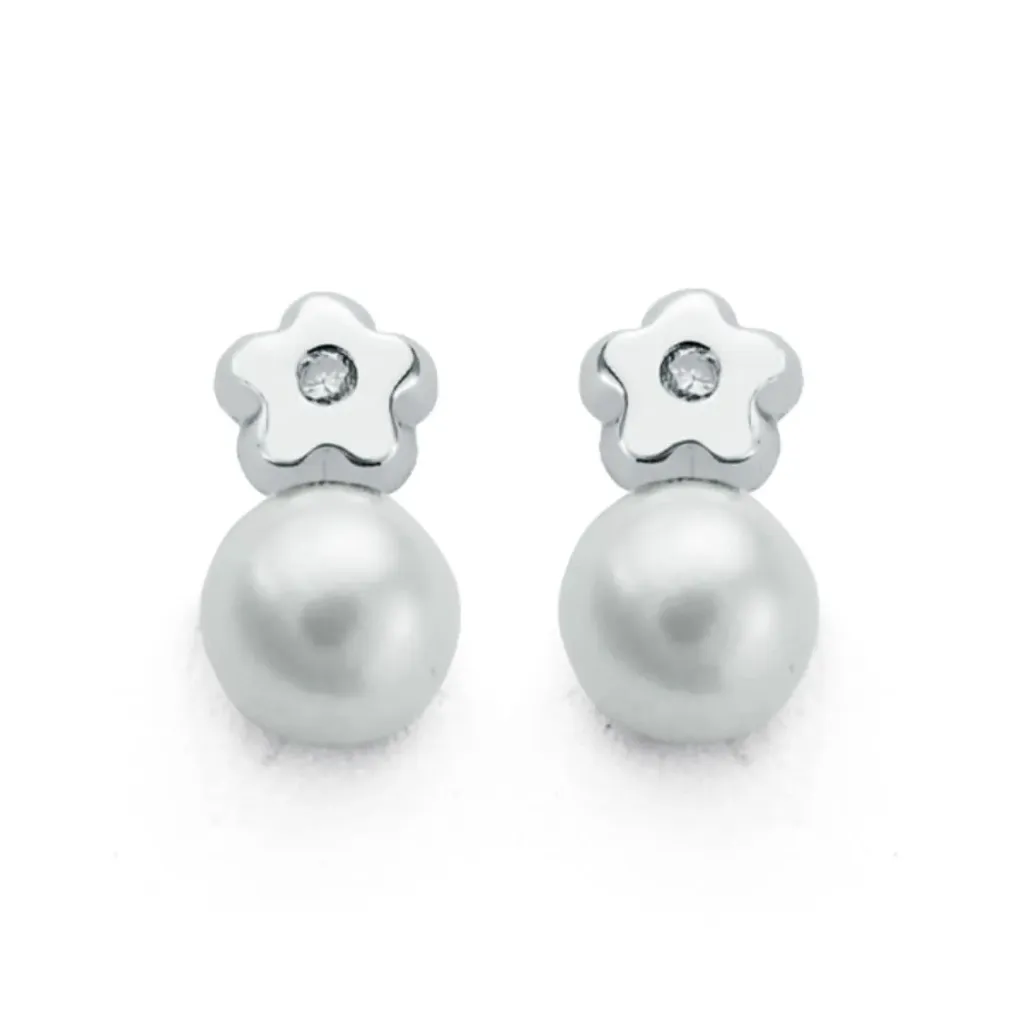 [9kp21080-ob] Pendientes Oro 9K Flor Diamante y Perla
