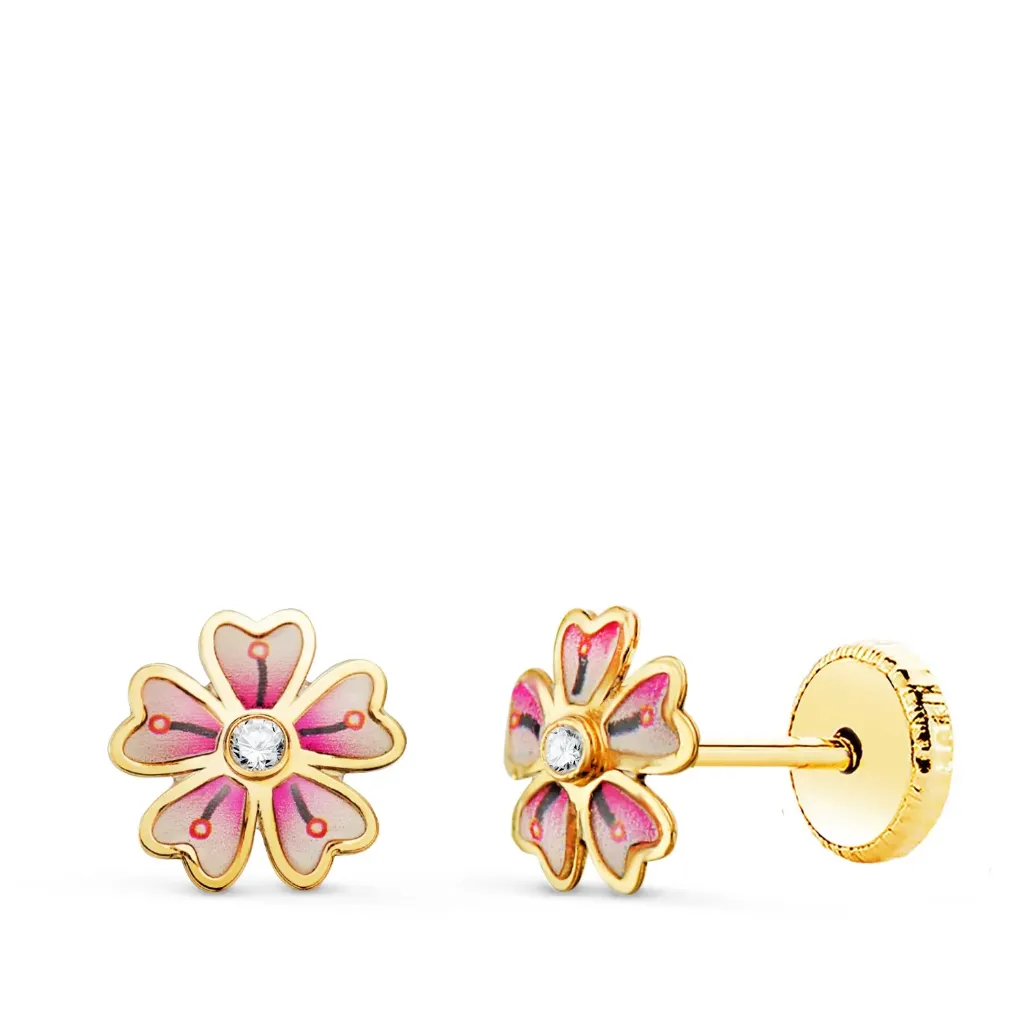Pendientes Oro 18K Flor Rosa